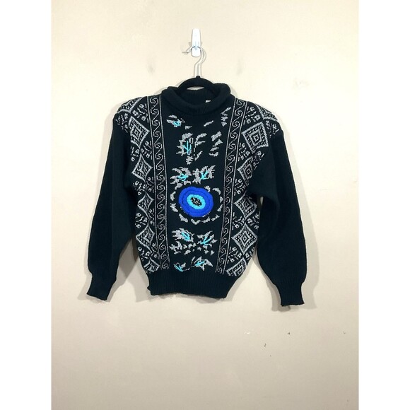 VTG Womens Sparkly Geometric Print Sweater M Black Silver Embroidered 80s 90s - Picture 1 of 7